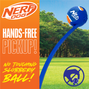 Nerf Dog hands-free ball launcher pickup tool allowing pet owners to retrieve a tennis ball without touching it.